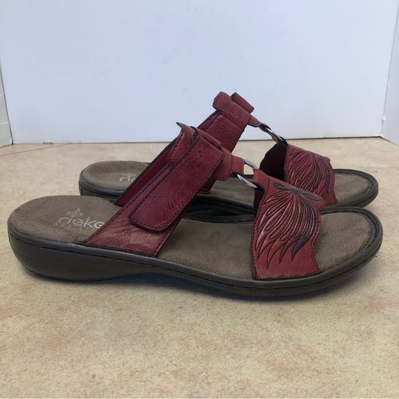 Rieker Antistress Sandals W/Velcro Strap Tooled Leather Design Size 38 (7.5 US) - Picture 2 of 11